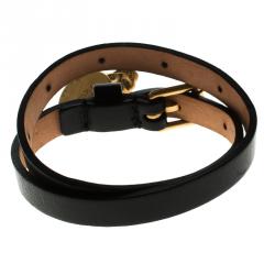 Pre Owned Alexander McQueen Black Leather Gold Tone Skull Charm Double Wrap Bracelet