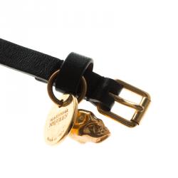 Pre Owned Alexander McQueen Black Leather Gold Tone Skull Charm Double Wrap Bracelet