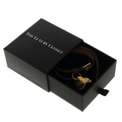 Pre Owned Alexander McQueen Black Leather Gold Tone Skull Charm Double Wrap Bracelet