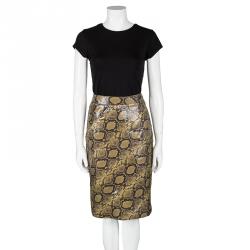 Pre Owned Alexander McQueen Mustard Brown Snakeskin Pattern Patent Leather Pencil Skirt M