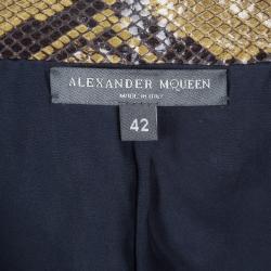 Pre Owned Alexander McQueen Mustard Brown Snakeskin Pattern Patent Leather Pencil Skirt M