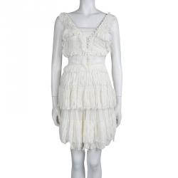 Pre Owned Alexander McQueen Cream Knit Ruffle Detail Tiered Sleeveless Dress XXS
