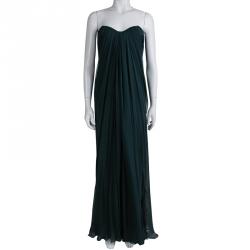 Pre Owned Alexander McQueen Green Draped Silk Strapless Gown M
