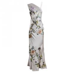 Alexander McQueen Beige Embroidered Silk One Shoulder Draped Sleeve Detail Gown S