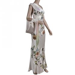 Alexander McQueen Beige Embroidered Silk One Shoulder Draped Sleeve Detail Gown S