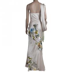Pre Owned Alexander McQueen Beige Embroidered Silk One Shoulder Draped Sleeve Detail Gown S