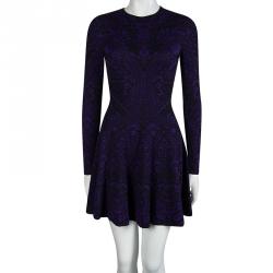 Pre Owned Alexander McQueen Purple Floral Jacquard Knit Long Sleeve Flared Dress S