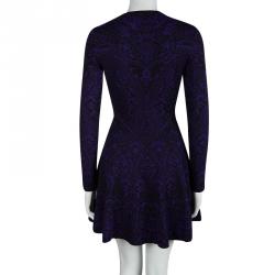 Pre Owned Alexander McQueen Purple Floral Jacquard Knit Long Sleeve Flared Dress S