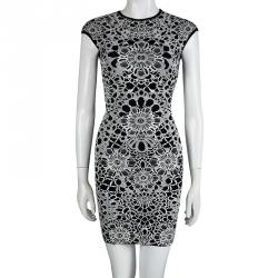 Pre Owned Alexander McQueen Monochrome Floral Jacquard Knit Sleeveless Bodycon Dress XS