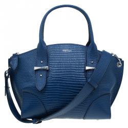 Pre Owned Alexander McQueen Blue Lizard Embossed Leather Small Legend Tote