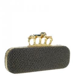 Pre Owned Alexander McQueen Black Studded Suede Skull Knuckle Box Clutch