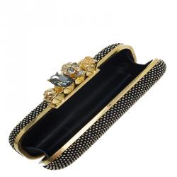 Pre Owned Alexander McQueen Black Studded Suede Skull Knuckle Box Clutch