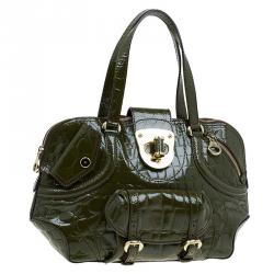 Pre Owned Alexander Mcqueen Olive Green Crocodie Embossed Flapper Satchel
