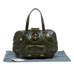 Pre Owned Alexander Mcqueen Olive Green Crocodie Embossed Flapper Satchel