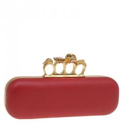 Pre Owned Alexander McQueen Red and Orange Leather Skull Knuckle Box Clutch