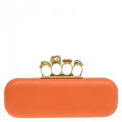 Pre Owned Alexander McQueen Red and Orange Leather Skull Knuckle Box Clutch