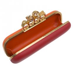 Pre Owned Alexander McQueen Red and Orange Leather Skull Knuckle Box Clutch