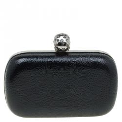 Pre Owned Alexander McQueen Black Patent Leather Dotted Embossed Skull Box Clutch