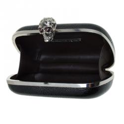 Pre Owned Alexander McQueen Black Patent Leather Dotted Embossed Skull Box Clutch