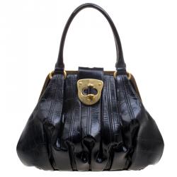 Alexander McQueen Black Croc Embossed Patent Leather Elvie Satchel
