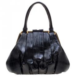 Alexander McQueen Black Croc Embossed Patent Leather Elvie Satchel