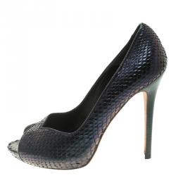 Pre Owned Alexander McQueen Two Tone Python Metallic Leather Peep Toe Platform Pumps Size 38