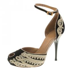 Pre Owned Alexander McQueen Black Cord Embroidered Suede Peep Toe Ankle Strap D'orsay Pumps Size 37