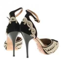 Pre Owned Alexander McQueen Black Cord Embroidered Suede Peep Toe Ankle Strap D'orsay Pumps Size 37