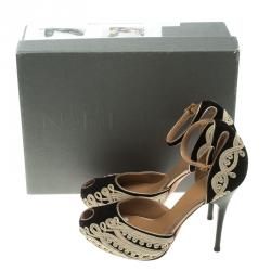 Pre Owned Alexander McQueen Black Cord Embroidered Suede Peep Toe Ankle Strap D'orsay Pumps Size 37