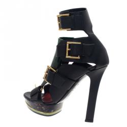 Pre Owned Alexander McQueen Black Plexi Plaque Strappy Platform Sandals Size 38