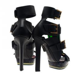Pre Owned Alexander McQueen Black Plexi Plaque Strappy Platform Sandals Size 38