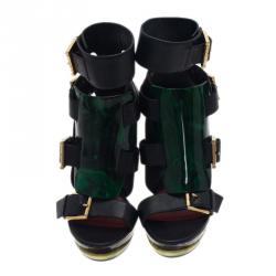 Pre Owned Alexander McQueen Black Plexi Plaque Strappy Platform Sandals Size 38