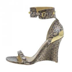 Alexander McQueen Beige Python Studded Ankle Strap Wedges Size 37