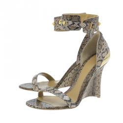 Alexander McQueen Beige Python Studded Ankle Strap Wedges Size 37