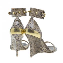 Alexander McQueen Beige Python Studded Ankle Strap Wedges Size 37