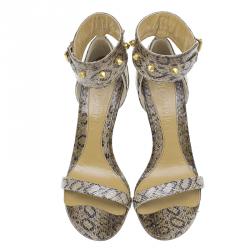 Alexander McQueen Beige Python Studded Ankle Strap Wedges Size 37
