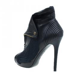 Pre Owned Alexander McQueen Black Leather Faithful Peep Toe Ankle Booties Size 37