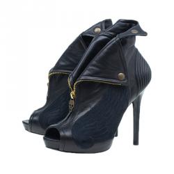 Pre Owned Alexander McQueen Black Leather Faithful Peep Toe Ankle Booties Size 37