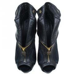 Pre Owned Alexander McQueen Black Leather Faithful Peep Toe Ankle Booties Size 37