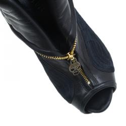 Pre Owned Alexander McQueen Black Leather Faithful Peep Toe Ankle Booties Size 37