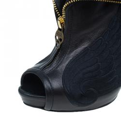 Pre Owned Alexander McQueen Black Leather Faithful Peep Toe Ankle Booties Size 37