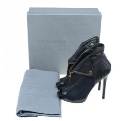 Pre Owned Alexander McQueen Black Leather Faithful Peep Toe Ankle Booties Size 37