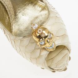 Alexander McQueen Python Pearl Skull Studded Peep Toe Pumps Size 39