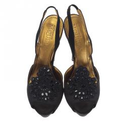 Pre Owned صندل أليكساندر مكوين بفتحة كعب وأصبع ساتان منقوش أسود مقاس 40