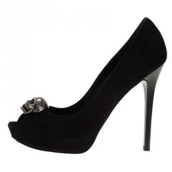 Pre Owned Alexander McQueen Black Suede Skull Peep Toe Pumps 37