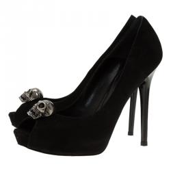Pre Owned Alexander McQueen Black Suede Skull Peep Toe Pumps 37