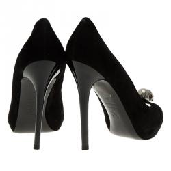 Pre Owned Alexander McQueen Black Suede Skull Peep Toe Pumps 37