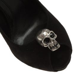 Pre Owned Alexander McQueen Black Suede Skull Peep Toe Pumps 37