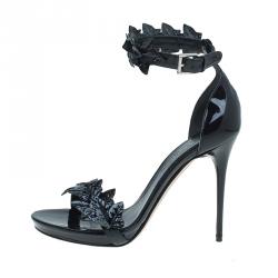 Alexander McQueen Black Patent Ivy Leaf Embellished Sandals Size 39