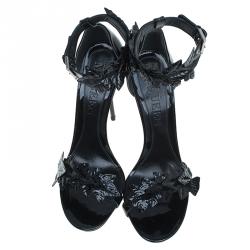 Alexander McQueen Black Patent Ivy Leaf Embellished Sandals Size 39